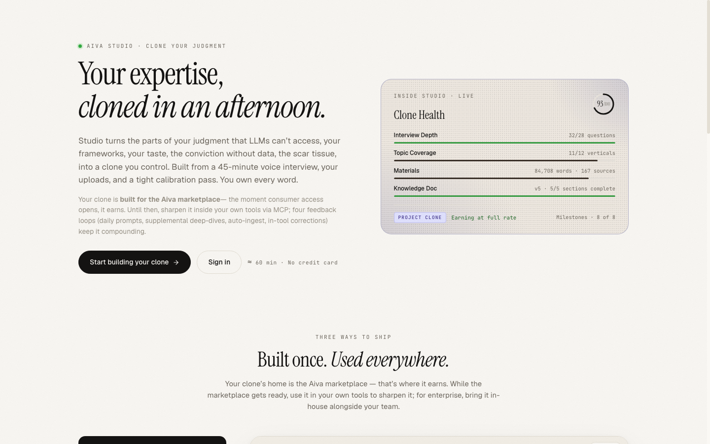 studio.getaiva.xyz landing page hero with Start building your clone CTA