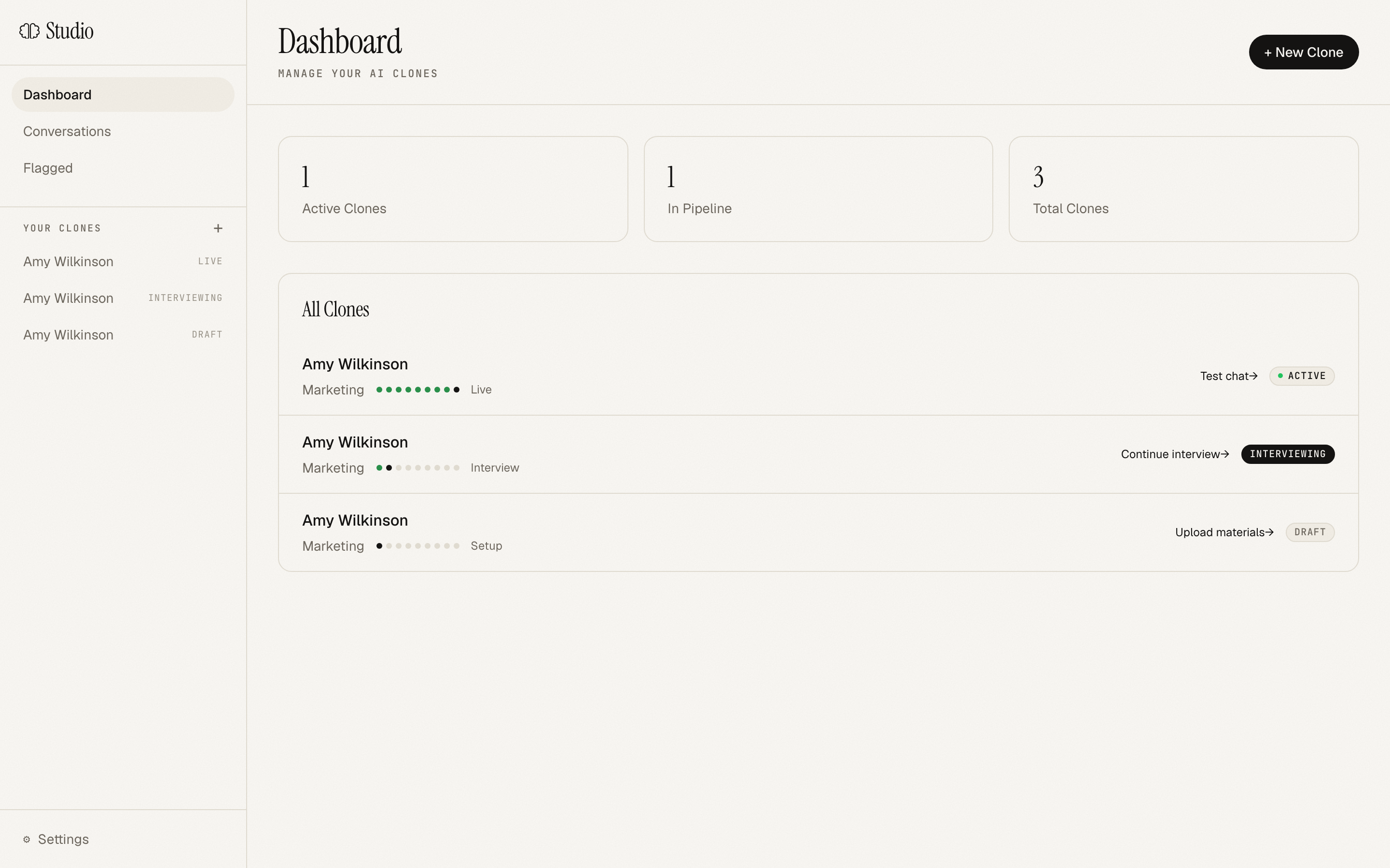 Studio dashboard with clones listed