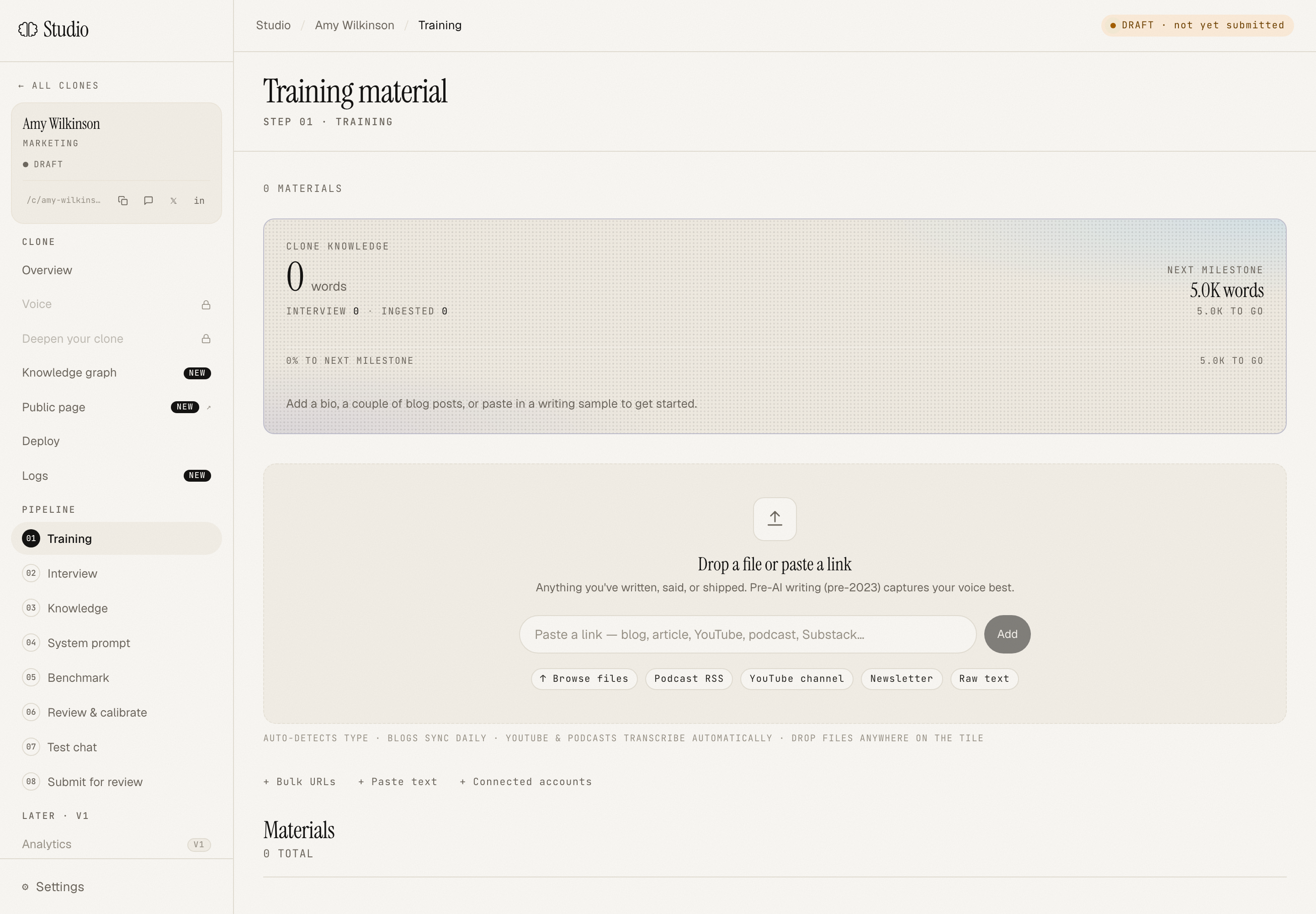 Ingest page empty state with drop zone