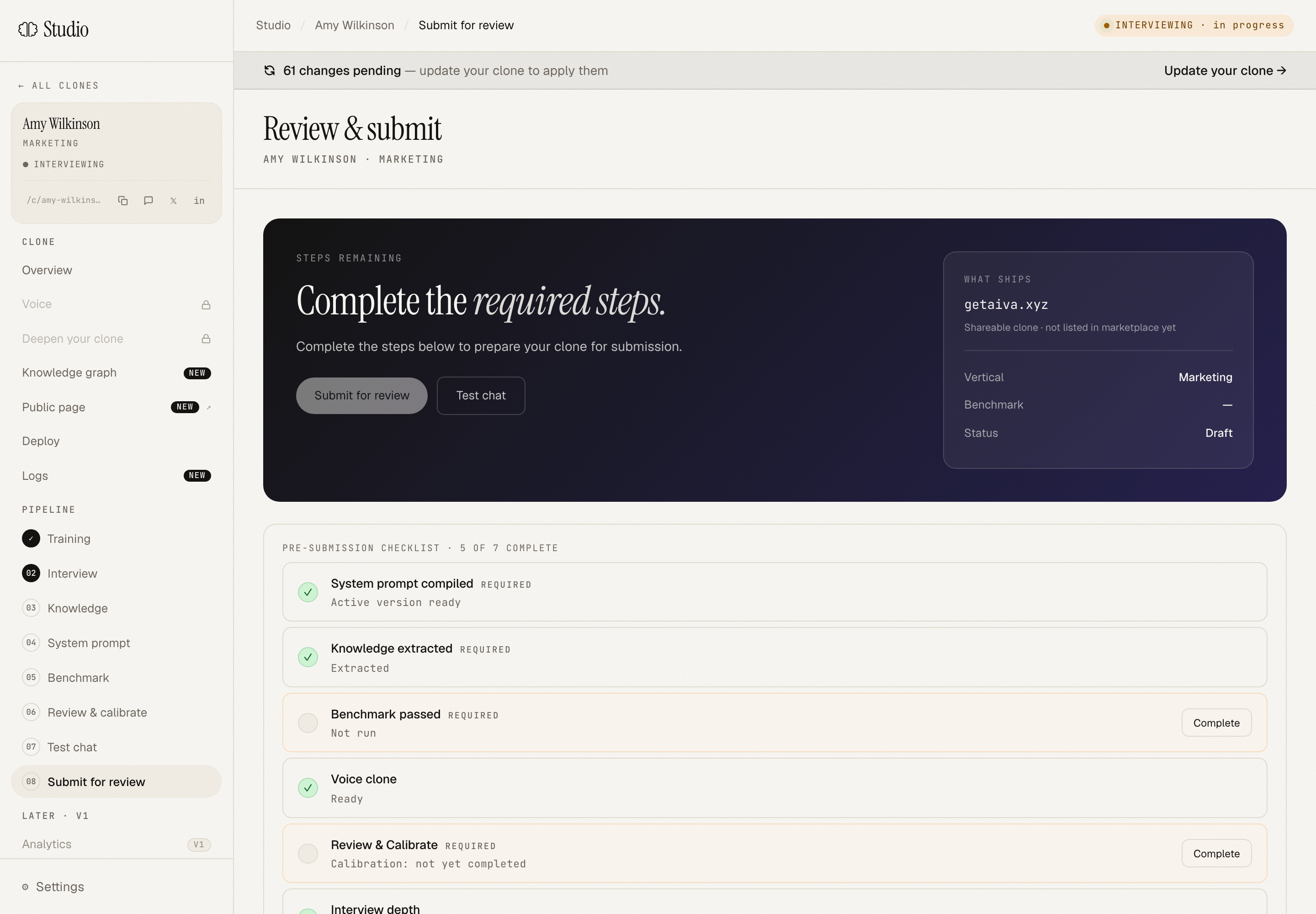 Submit page, submit button + pre-submission checklist