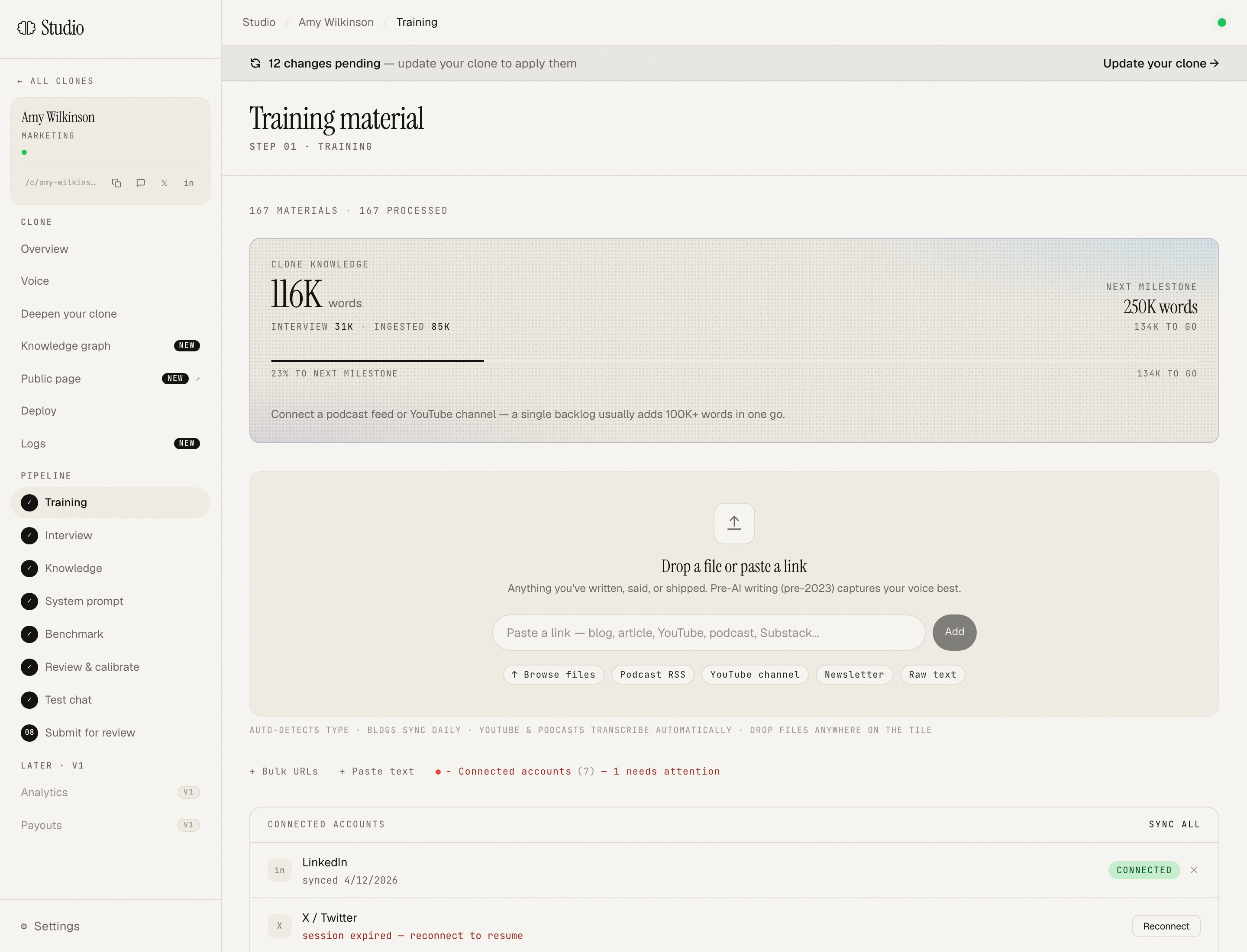 Ingest page after dropping a handful of PDFs and connecting LinkedIn, sources list populated
