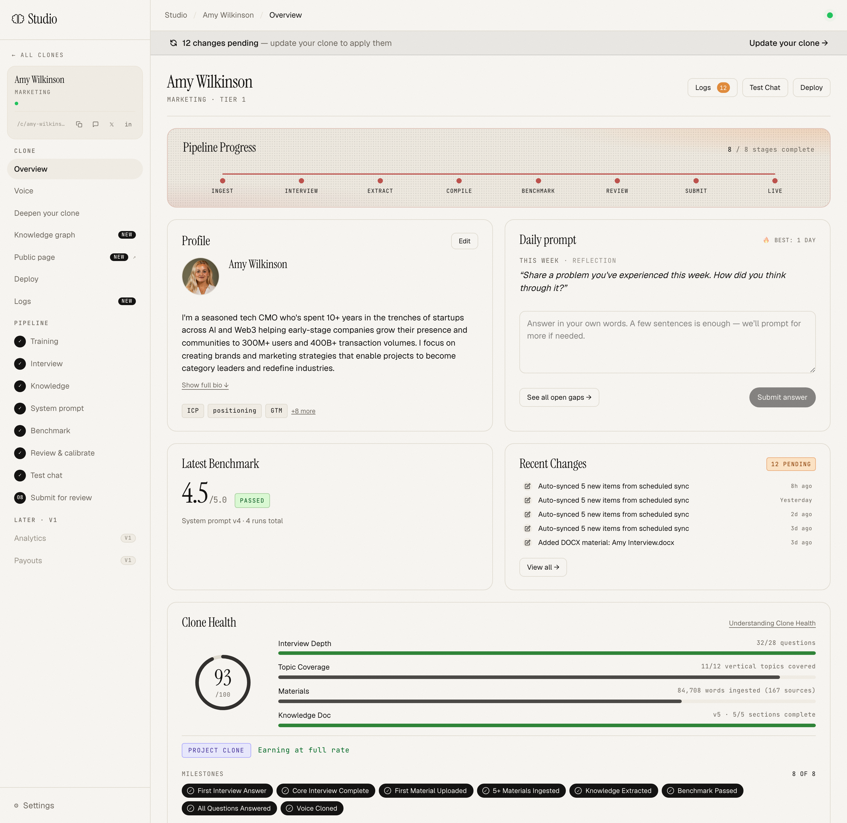 Overview Health card showing clone health metrics + recent activity