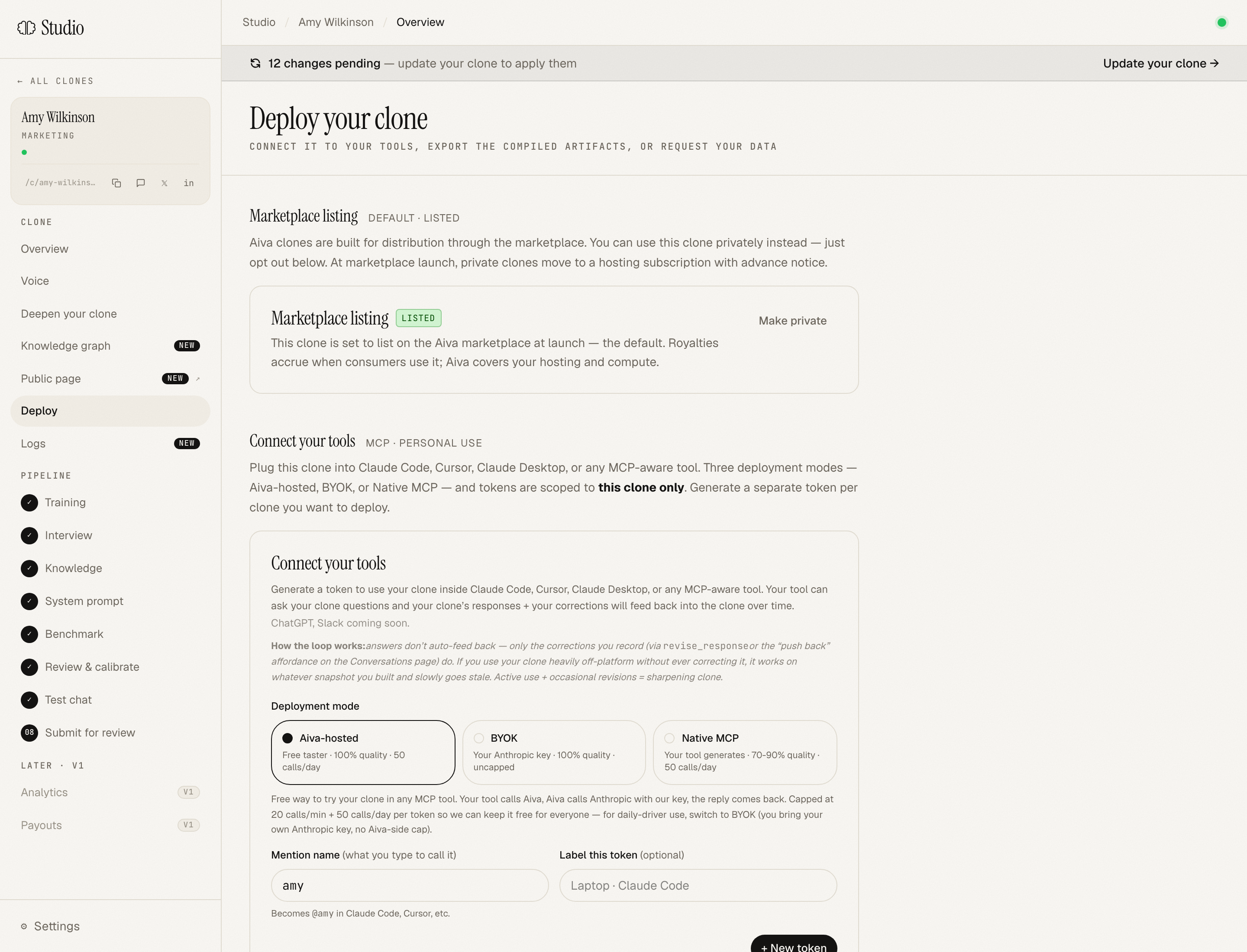 Deploy page, Connect your tools section with mode picker + active tokens list