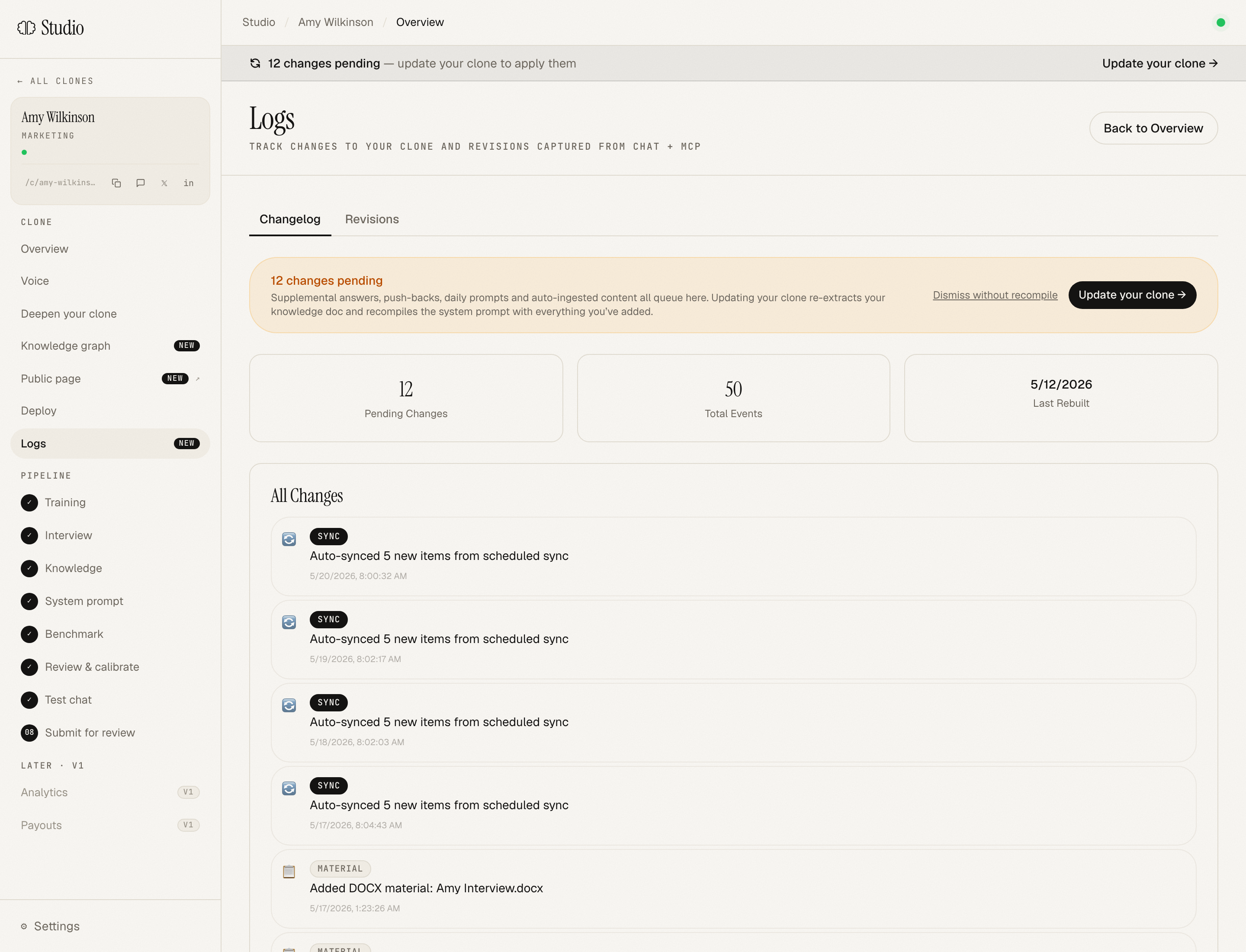Logs page, Changelog tab with recent events listed