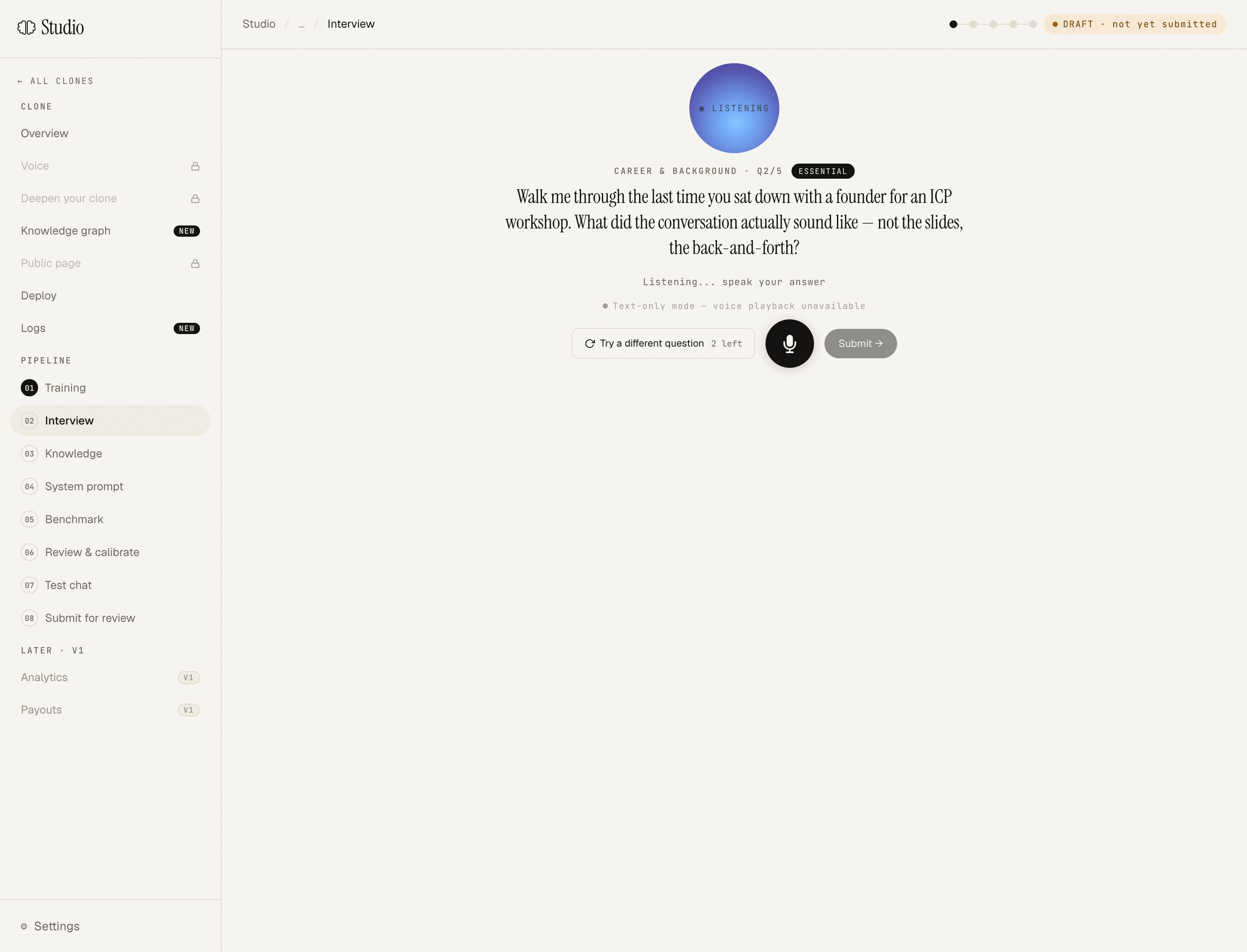 Interview UI showing the 'Try a different question' button with the '2 left' counter