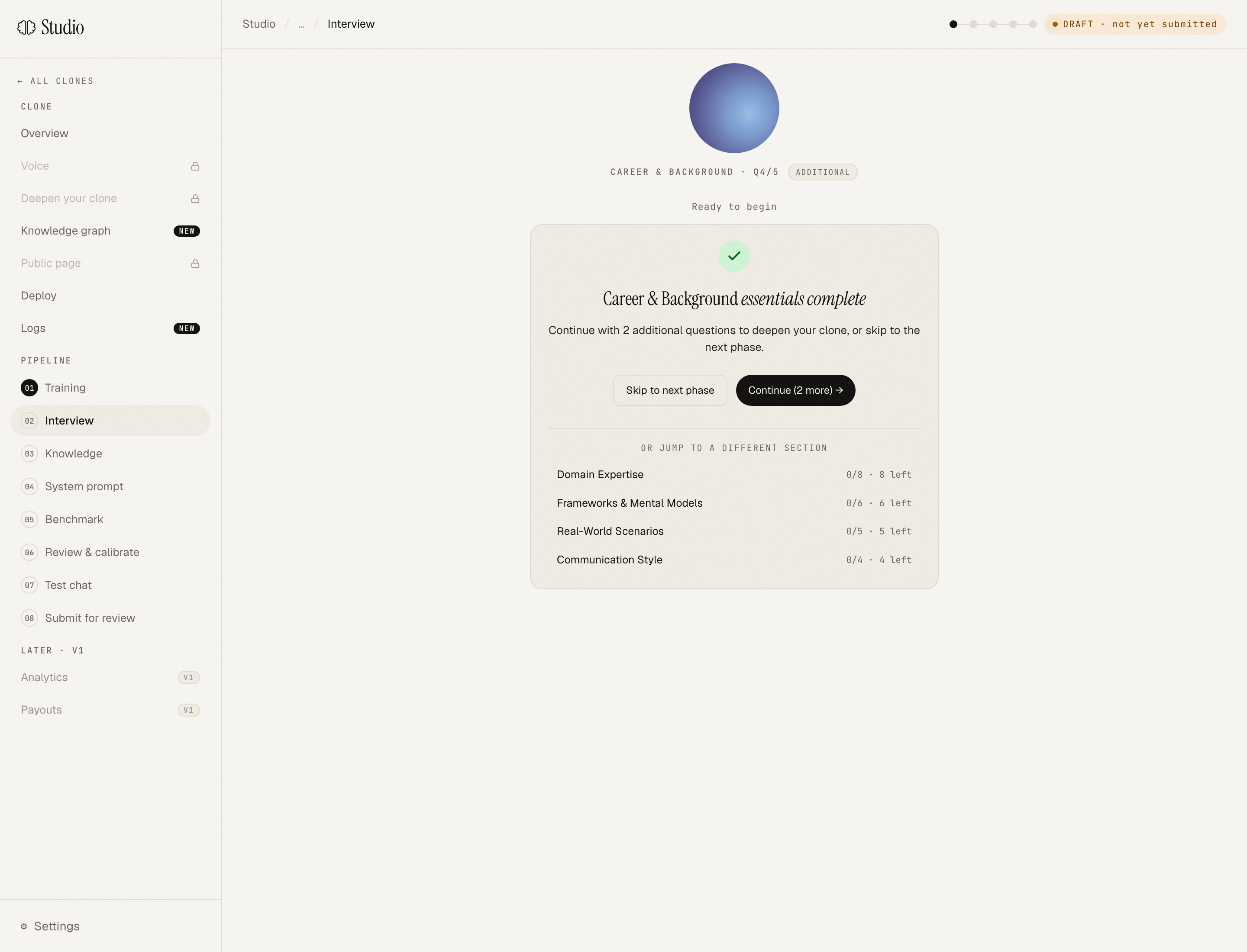 Checkpoint screen after Career essentials with Skip / Continue and section picker