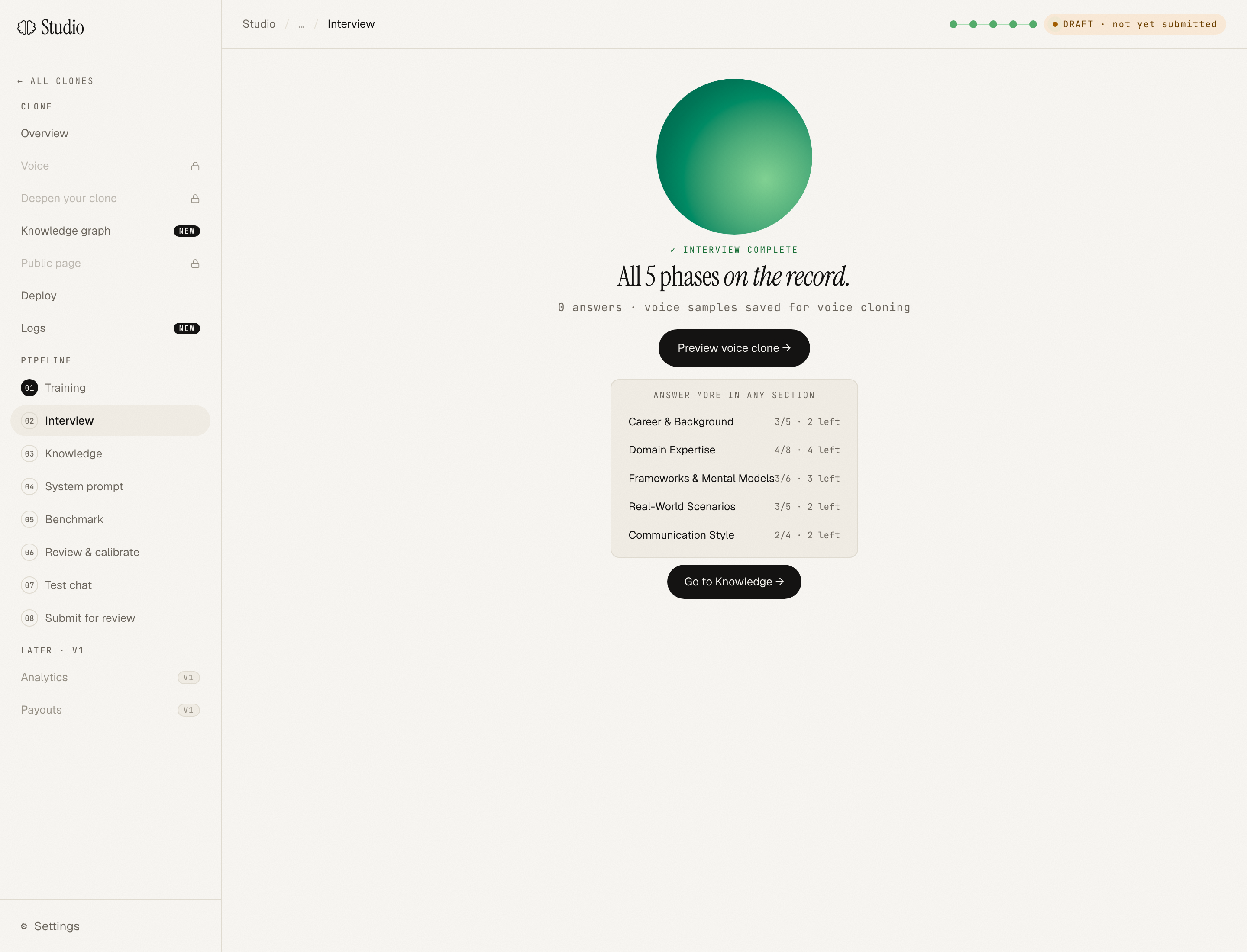 Interview completion screen with section picker